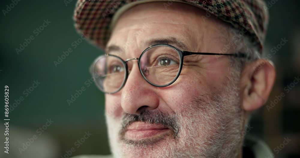 Thinking, face of senior man and memory in nursing home for ideas, peace and nostalgia in living room. Vision, remember and elderly male person with glasses for retirement, wellness and reflection Thinking, face of senior man and memory in nursing home for ideas, peace and nostalgia in living room. Vision, remember and elderly male person with glasses for retirement, wellness and reflection
