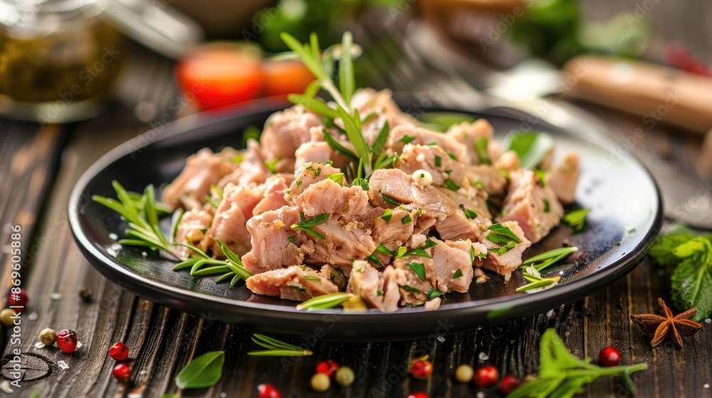 Plate of delicious canned tuna with fresh herbs Plate of delicious canned tuna with fresh herbs