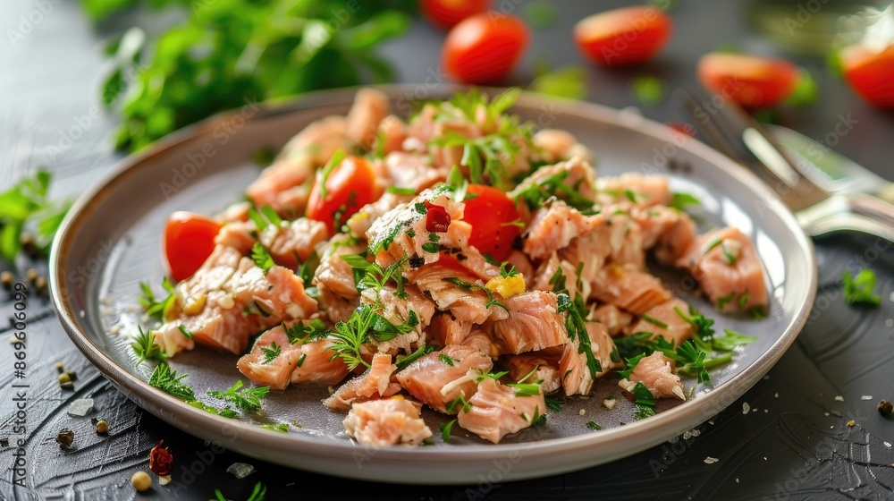 Plate of delicious canned tuna with fresh herbs Plate of delicious canned tuna with fresh herbs