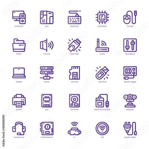 Computer And Hardware icon pack for your website, mobile, presentation, and logo design. Computer And Hardware icon baic line gradient design. Vector graphics illustration and editable stroke.
