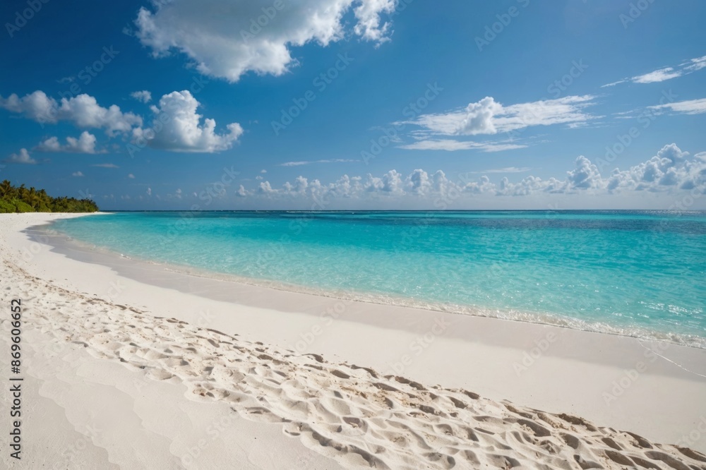 Panorama of a beautiful white sand beach and turquoise water in Maldives. Holiday summer beach background.. Wave of the sea on the sand beach. Panorama of a beautiful white sand beach and turquoise water in Maldives. Holiday summer beach background.. Wave of the sea on the sand beach.