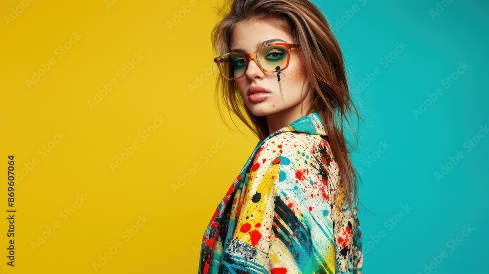 Fashion Model with Colorful Paint Splatter Jacket and Glasses on Yellow and Blue Background Fashion Model with Colorful Paint Splatter Jacket and Glasses on Yellow and Blue Background