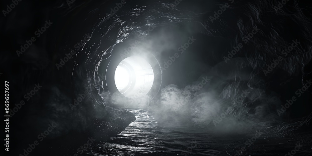 Obraz premium A tunnel with a light shining through it. The tunnel is dark and the light is the only source of illumination