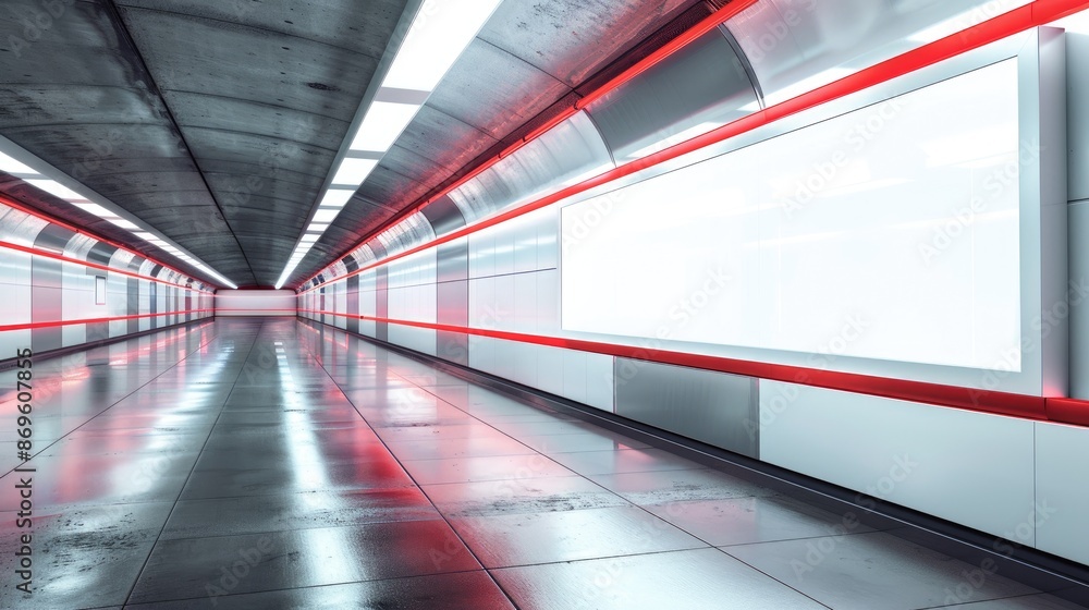 Fototapeta premium Long subway tunnel with white billboard and striking red accents. Perspective and advertising design concept