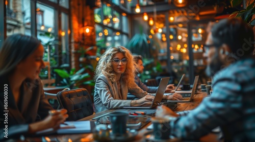 Young Woman Working on Laptop in a Modern Cafe With Warm Lighting © fotofabrika