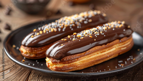 Chocolate Eclairs with Sprinkles on Black Plate photo