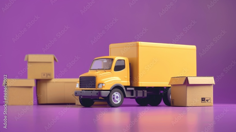 A yellow toy delivery truck next to cardboard boxes, on a purple background, concept of logistics and moving A yellow toy delivery truck next to cardboard boxes, on a purple background, concept of logistics and moving