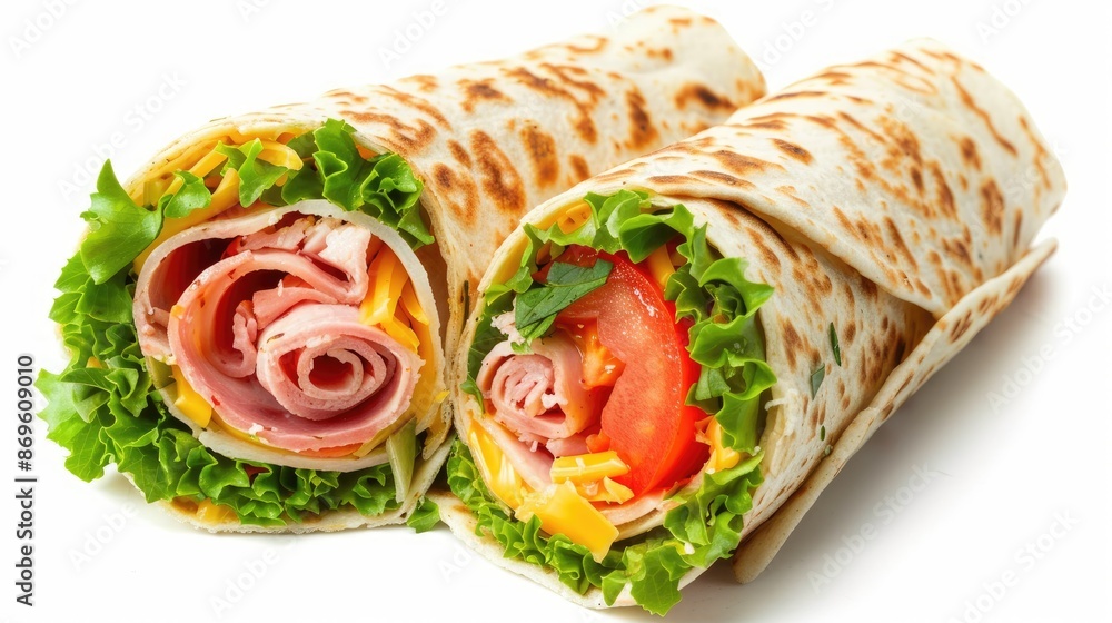 Tortilla wrap with ham, cheese and tomatoes on a white background. Shawarma. Top view, above Tortilla wrap with ham, cheese and tomatoes on a white background. Shawarma. Top view, above