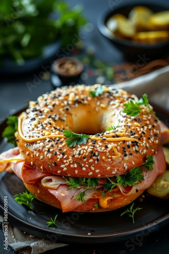 Bagel with Ham and Cheese: A bagel sandwich with layers of ham, cheddar cheese, and various toppings. Served a dark plate. 