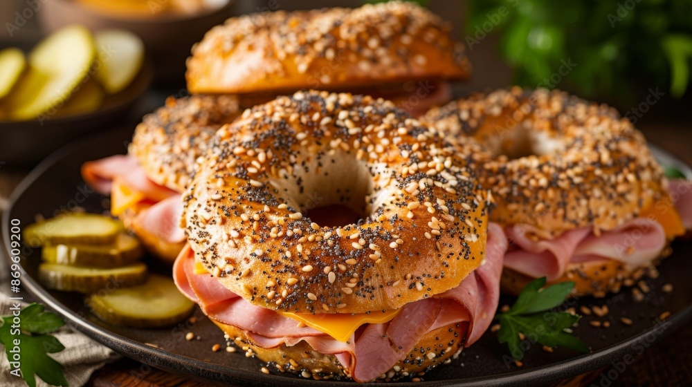 Bagel with Ham and Cheese: A bagel sandwich with layers of ham, cheddar cheese, and various toppings. Served a dark plate. Bagel with Ham and Cheese: A bagel sandwich with layers of ham, cheddar cheese, and various toppings. Served a dark plate.