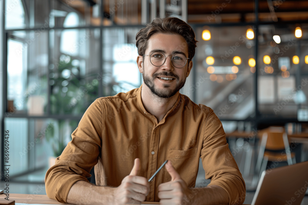 Focused businessman working on laptop in modern office taking notes creating business plan wearing glasses brown shirt Focused businessman working on laptop in modern office taking notes creating business plan wearing glasses brown shirt