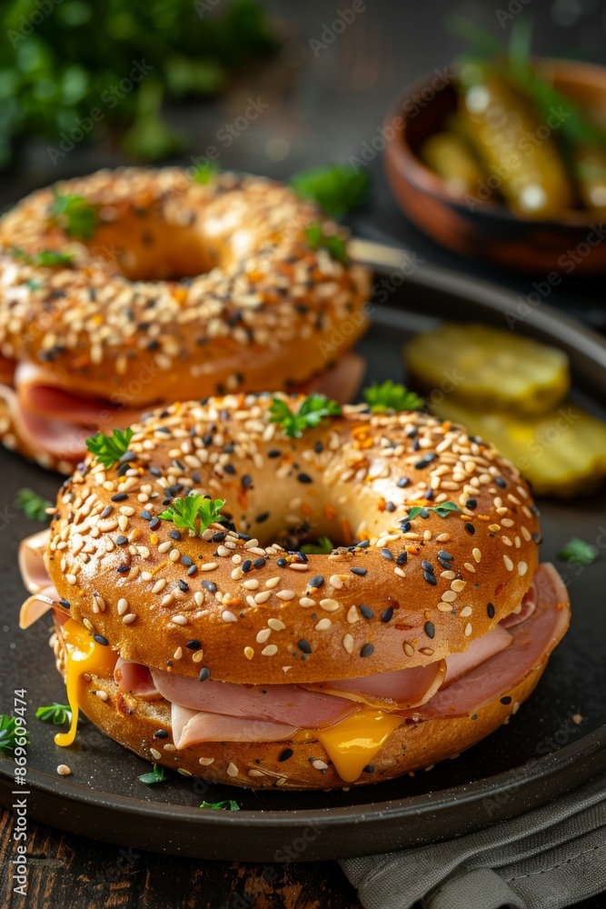 Bagel with Ham and Cheese: A bagel sandwich with layers of ham, cheddar cheese, and various toppings. Served a dark plate. Bagel with Ham and Cheese: A bagel sandwich with layers of ham, cheddar cheese, and various toppings. Served a dark plate.