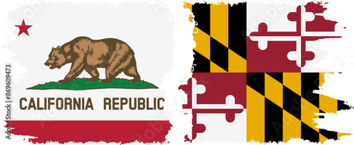 Maryland and California states grunge brush flags connection vector
