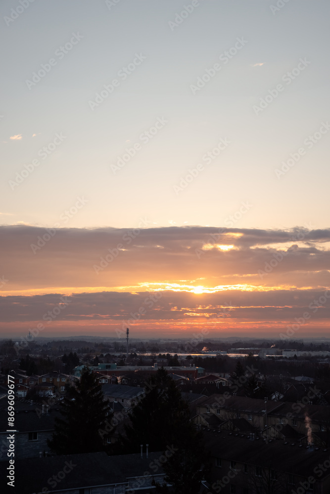 Sunset over the city of Richmond Hill, Canada. View from above.