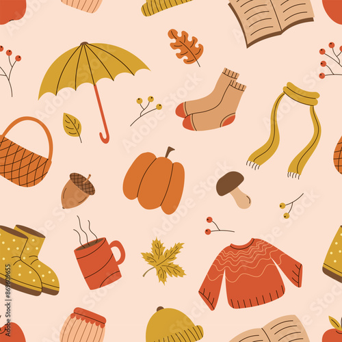 Autumn seamless pattern. Acorn, mushroom, pumpkin, leaves, clothes, umbrella. Vector illustration.