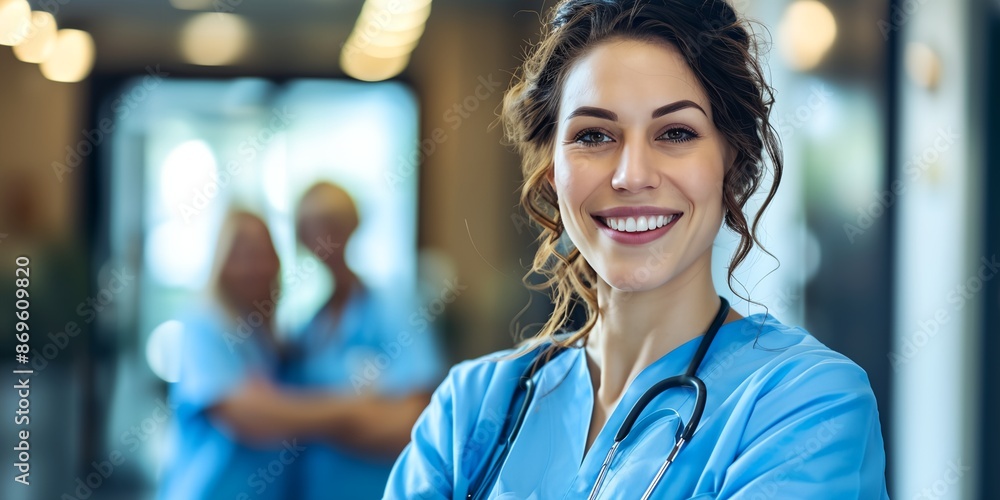 A woman in a blue scrubs is smiling and posing for a picture. She is a nurse and is wearing a blue uniform A woman in a blue scrubs is smiling and posing for a picture. She is a nurse and is wearing a blue uniform
