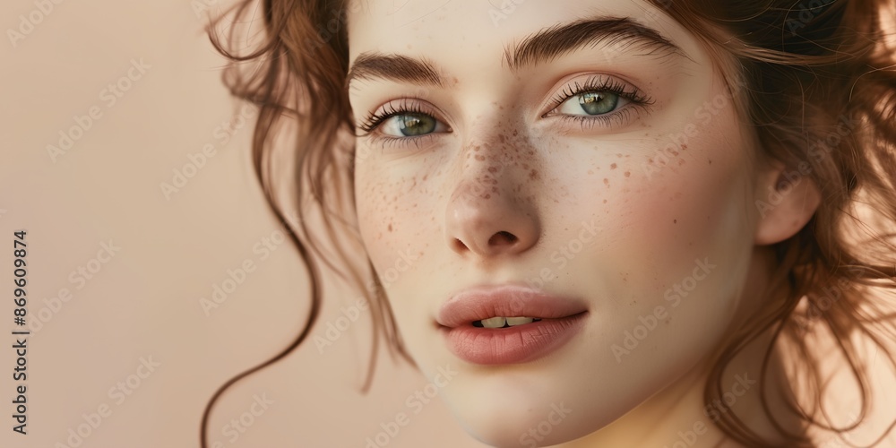 A woman with green eyes and red hair. She has a light pink lip color A woman with green eyes and red hair. She has a light pink lip color