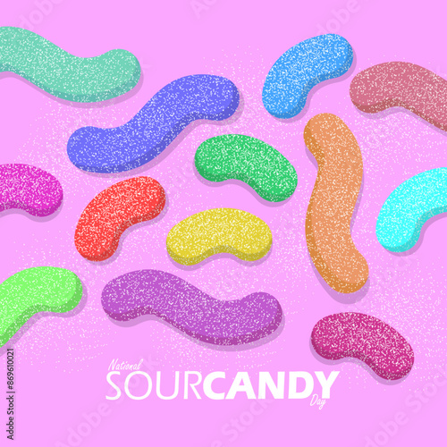 National Sour Candy Day event food banner. Various flavors and colors of sour candy on purple background to celebrate on July 18th
