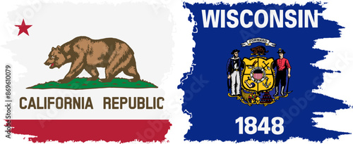 Wisconsin and California states grunge brush flags connection vector