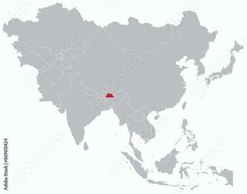 Highlighted red map of BHUTAN inside grey detailed blank political map of Asia on light blue background, without the Middle East and Russia