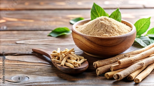 Wallpaper Mural Ashwagandha Root Powder and Sticks on Wooden Table with Green Leaves - Ayurvedic Medicine and Herbal Remedy Torontodigital.ca