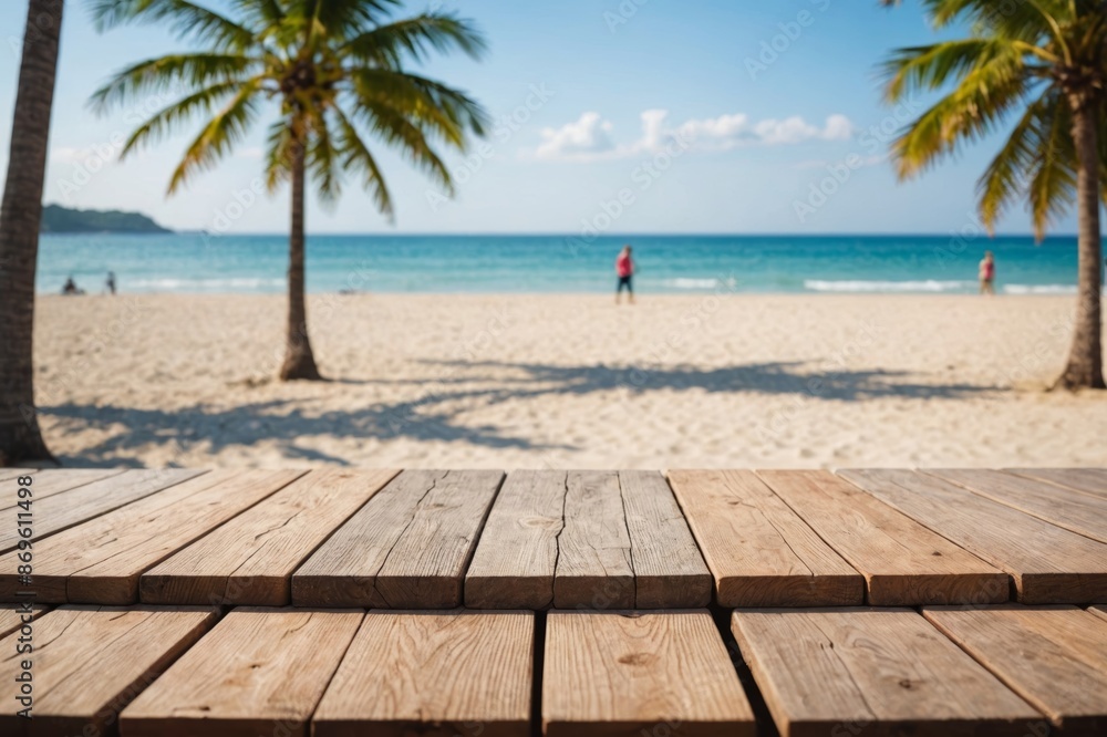 Fototapeta premium Empty wooden table on blur background of beautiful beach for mockup summer product display or travel ad. Picnic table with customizable space on table-top for editing.