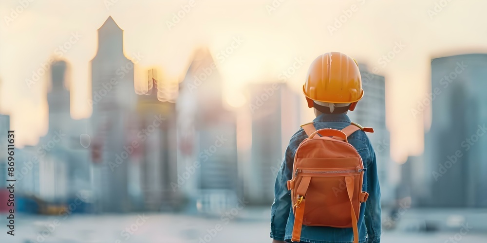 Child carrying school bag full of construction tools in front of blurred cityscape. Concept Childhood Adventures, Future Builder, Urban Exploration, Playful Cityscapes, Young Engineer Child carrying school bag full of construction tools in front of blurred cityscape. Concept Childhood Adventures, Future Builder, Urban Exploration, Playful Cityscapes, Young Engineer