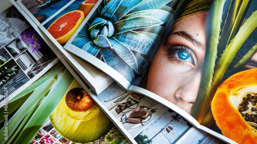 Montage of magazine spreads featuring eye-catching articles and popular content, suitable for advertising campaigns across various industries