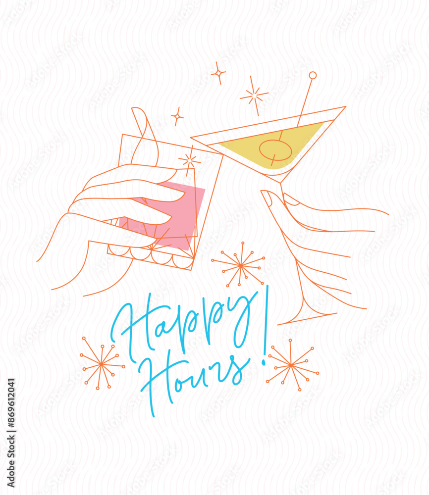 Poster clinking glasses with lettering happy hours drawing with color on light background