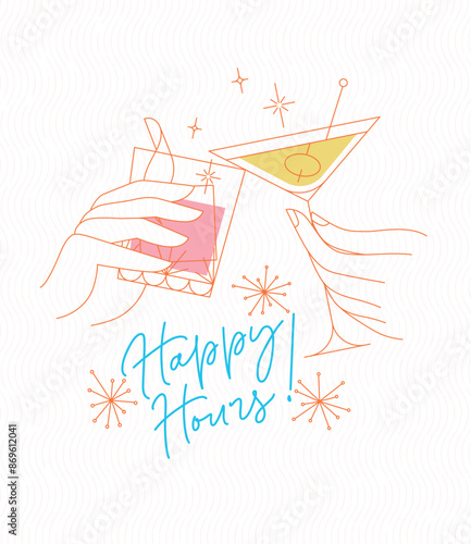 Obraz na płótnie Poster clinking glasses with lettering happy hours drawing with color on light background w salonie