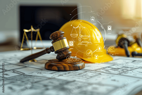 Construction and Labor Law: Gavel, Safety Helmet, Building Blueprint, Courtroom Symbol, Energy Industry Equipment, Business Standards, ISO Certification photo