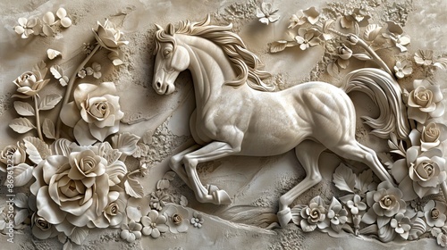 Beautiful horse 3d relief wallpaper. Mural wallpaper. Wall art. AI generated illustration.