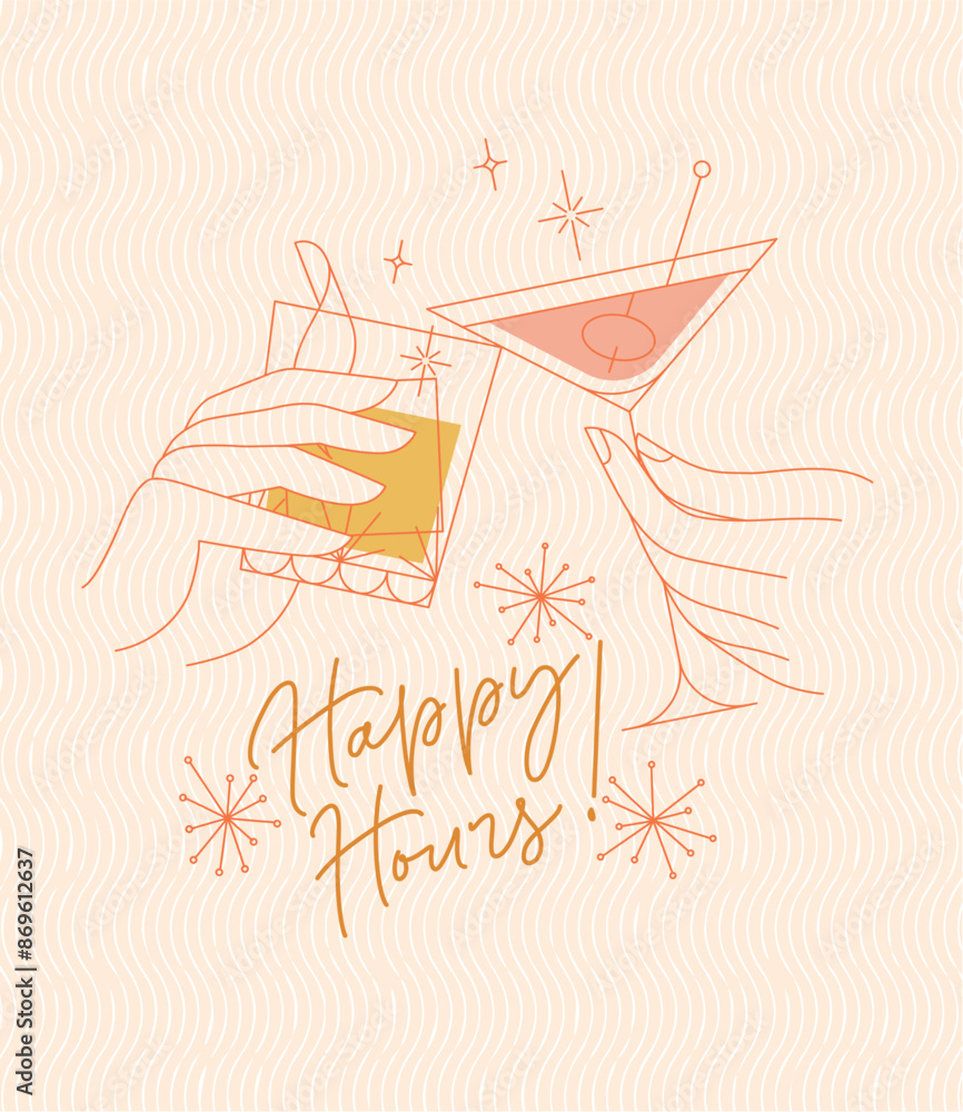 Poster clinking glasses with lettering happy hours drawing with color on beige background