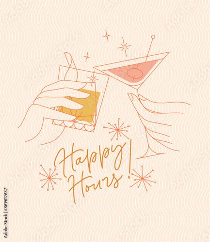 Obraz na płótnie Poster clinking glasses with lettering happy hours drawing with color on beige background w salonie