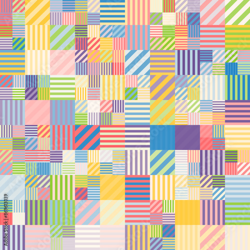 Patrón geométrico abstracto compuesto por rayas verticales, horizontales y diagonales en colores suaves