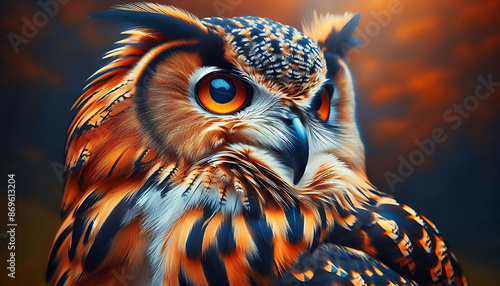A close up portrait of an owl with orange, black, white and grey feathers with orange eyes. The background is a blurred sunset.