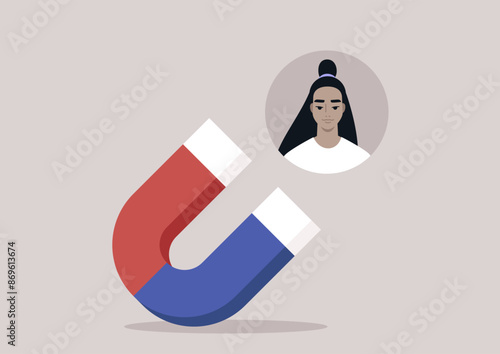 A red and blue horseshoe magnet is facing a cartoon illustration of a young character, suggesting a strong force of attraction