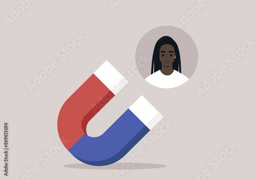 A red and blue horseshoe magnet is facing a cartoon illustration of a young character, suggesting a strong force of attraction