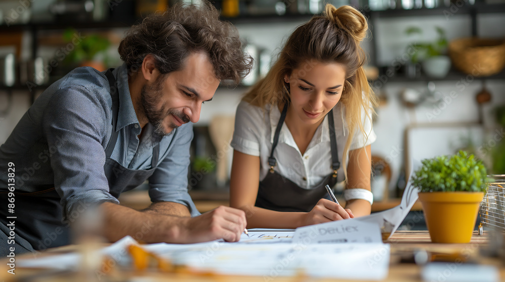 A young couple studies a map at a cafe table, planning their next adventure after college A young couple studies a map at a cafe table, planning their next adventure after college