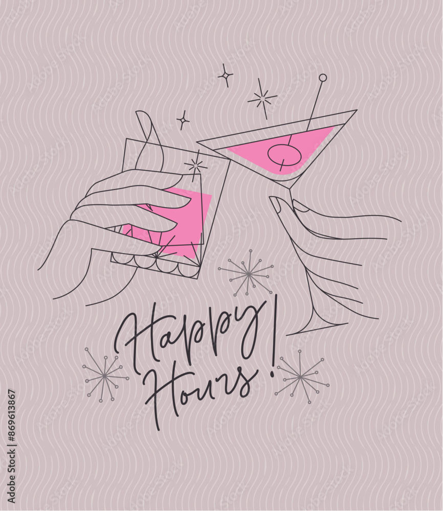 Poster clinking glasses with lettering happy hours drawing with color on pink background
