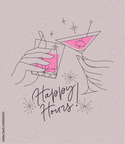 Poster clinking glasses with lettering happy hours drawing with color on pink background