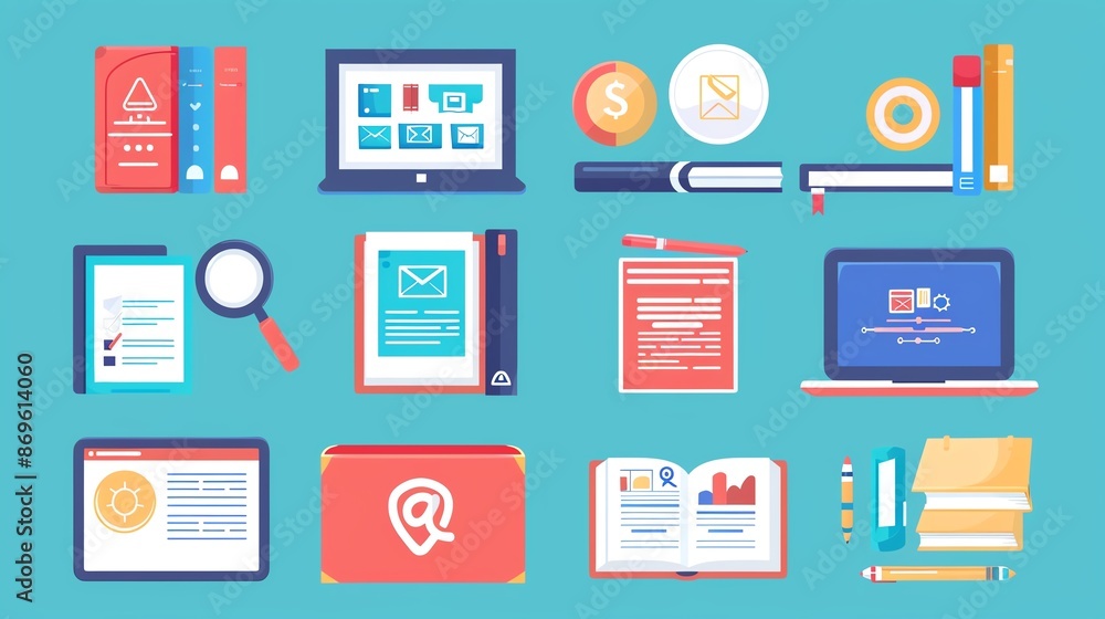A set of colorful icons related to online education, research, and learning. A set of colorful icons related to online education, research, and learning.