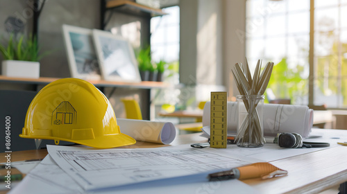 A blueprint unfolded on a table with construction tools like a hardhat and gloves laid out, ready for the building project