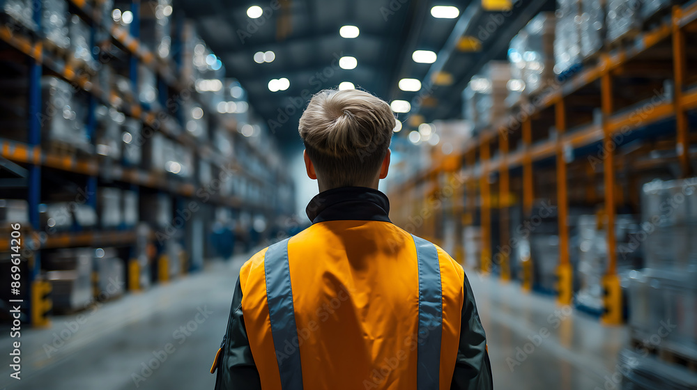 People in a warehouse including a smiling worker, a boy, and a casual man standing and walking People in a warehouse including a smiling worker, a boy, and a casual man standing and walking