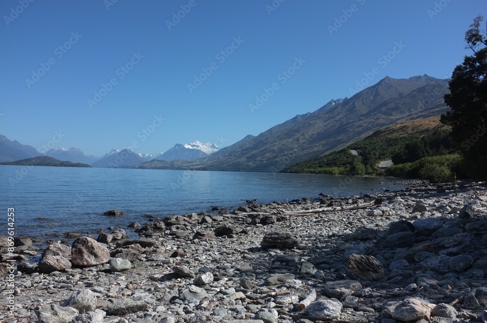 custom made wallpaper toronto digitalPhoto of lakeside view of Lake Wakatipu or Whakatipu wai-maori and The Remarkables in Glenorchy, Otago region, South Island of New Zealand.
