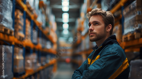 Smiling man standing confidently in a casual outfit inside a warehouse, blending urban lifestyle and business