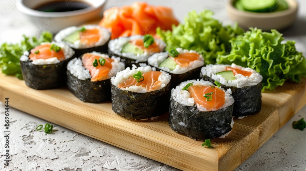 Salmon Maki Rolls with Fresh Garnish. Salmon maki rolls served on a wooden board, garnished with fresh greens and accompanied by soy sauce and cucumber slices. Salmon Maki Rolls with Fresh Garnish. Salmon maki rolls served on a wooden board, garnished with fresh greens and accompanied by soy sauce and cucumber slices.