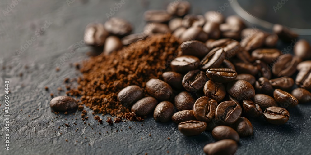 Aromatic roasted coffee beans and finely ground coffee on dark surface. Concept Coffee Roasting, Aromatic Beans, Ground Coffee, Dark Surface, Coffee Photography Aromatic roasted coffee beans and finely ground coffee on dark surface. Concept Coffee Roasting, Aromatic Beans, Ground Coffee, Dark Surface, Coffee Photography