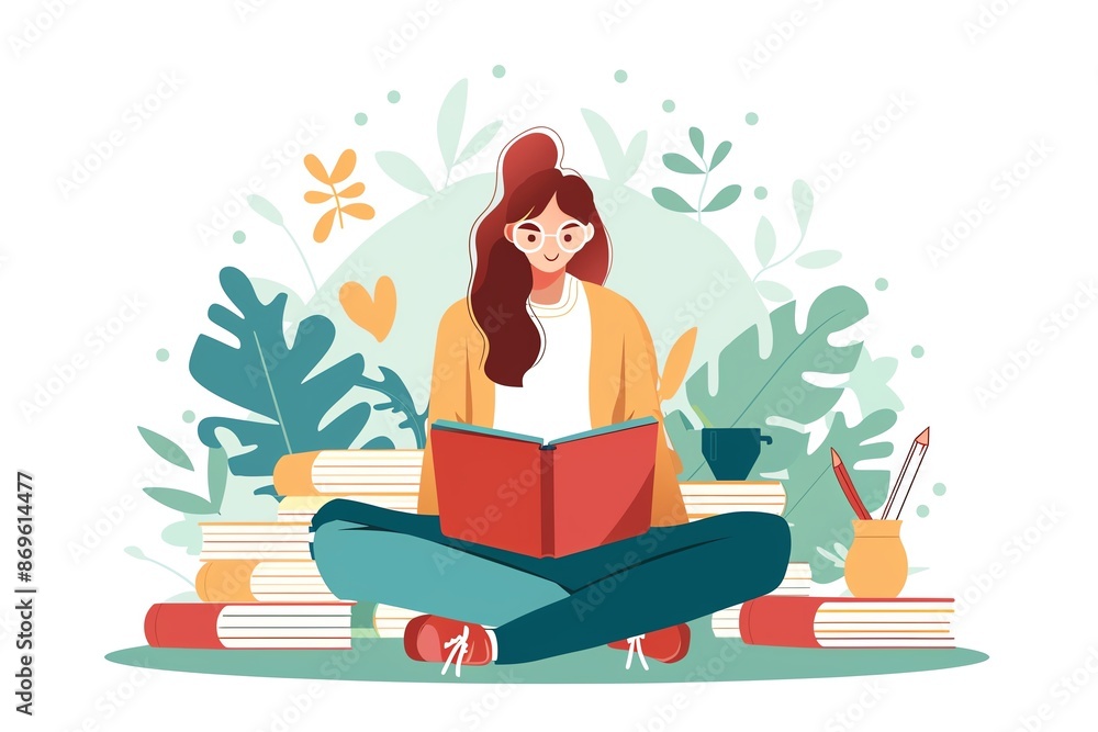 A young woman sits cross-legged, engrossed in a book, surrounded by a pile of books, a cup of coffee, and art supplies. She is surrounded by lush greenery. A young woman sits cross-legged, engrossed in a book, surrounded by a pile of books, a cup of coffee, and art supplies. She is surrounded by lush greenery.