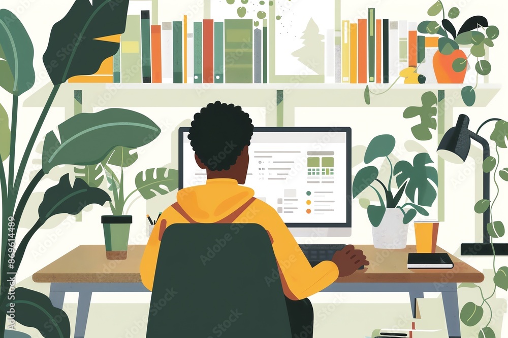 A young man working at a computer in a home office surrounded by plants and books. A young man working at a computer in a home office surrounded by plants and books.
